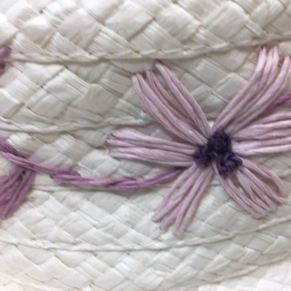 White Woven Sun Hat w/Purple Embroidered Flowers - Picture 8 of 14